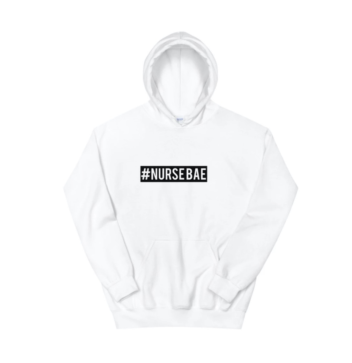 white sweatshirt with nursbae in black on it