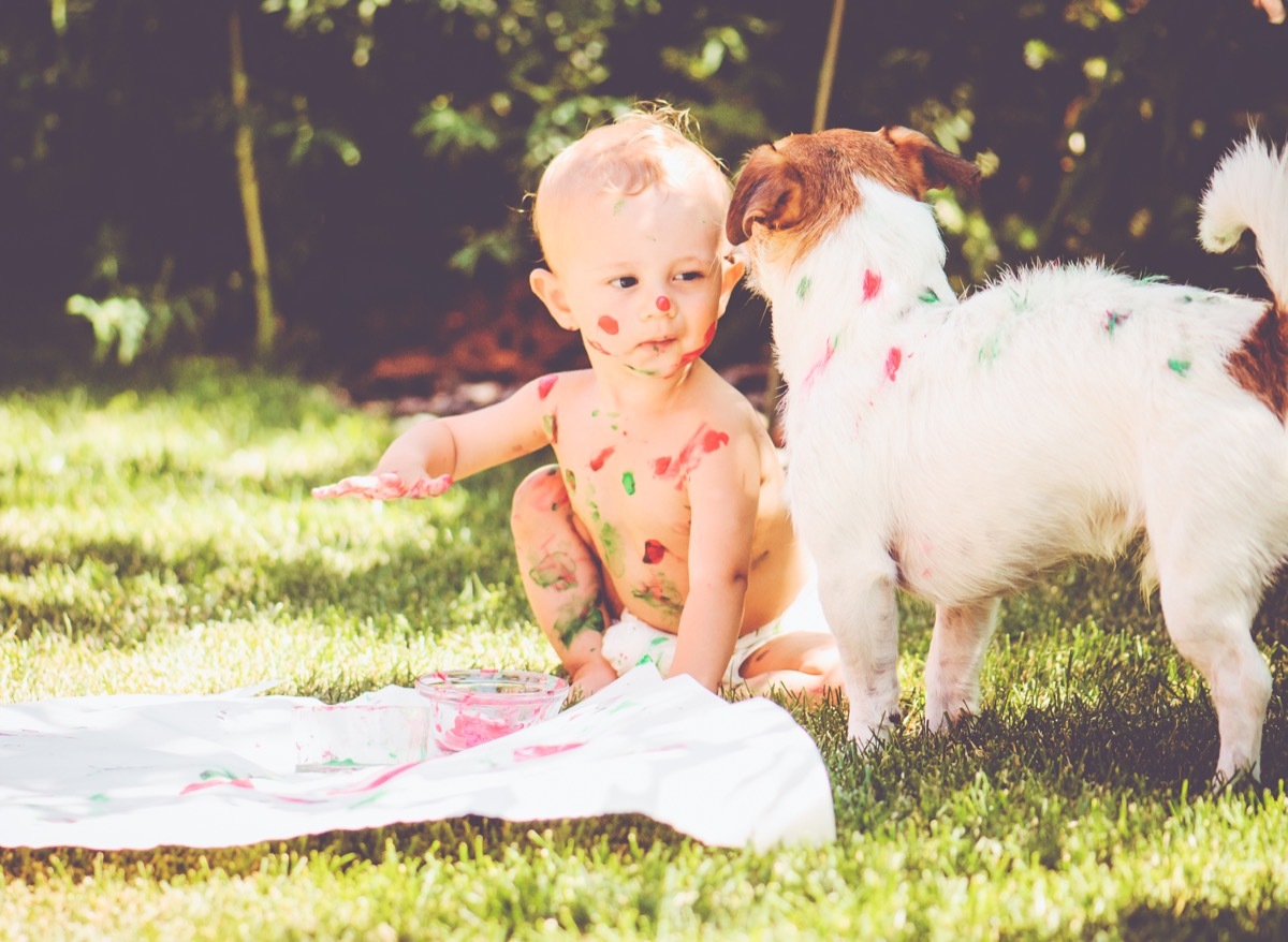 Baby and dog making a mess painting