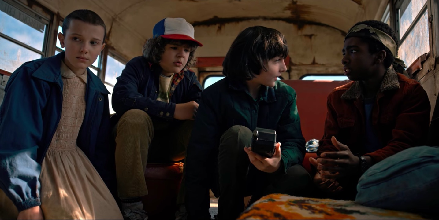 Millie Bobby Brown, Gaten Matarazzo, Finn Wolfhard, and Caleb McLaughlin in Stranger Things