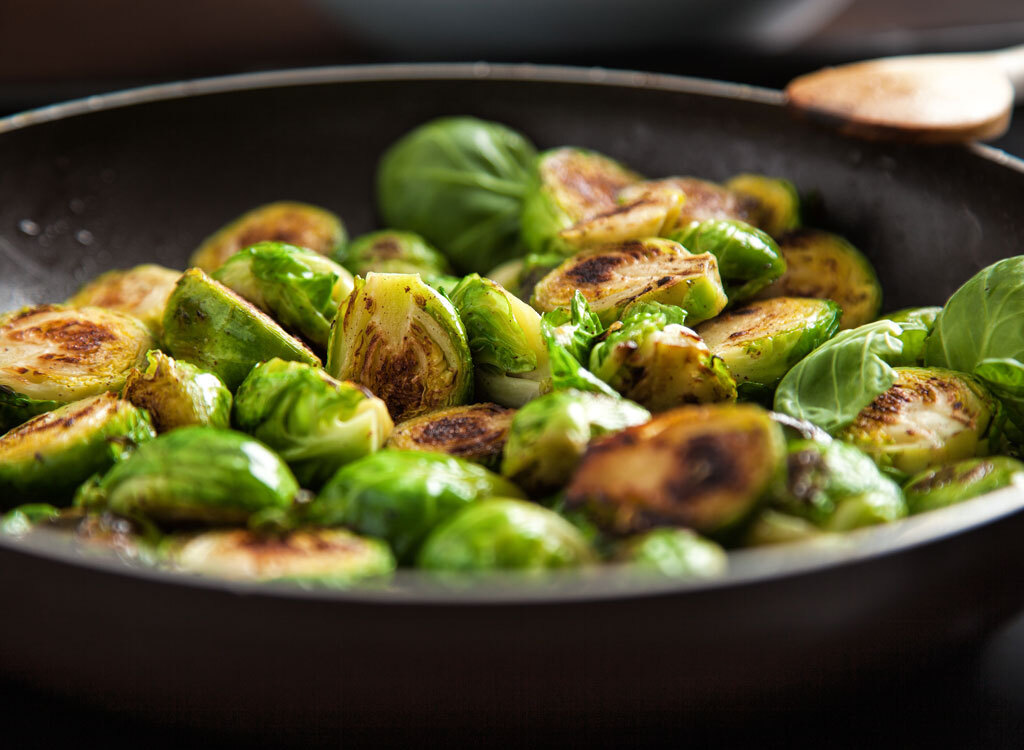 Roasted brussels sprouts in a pan 